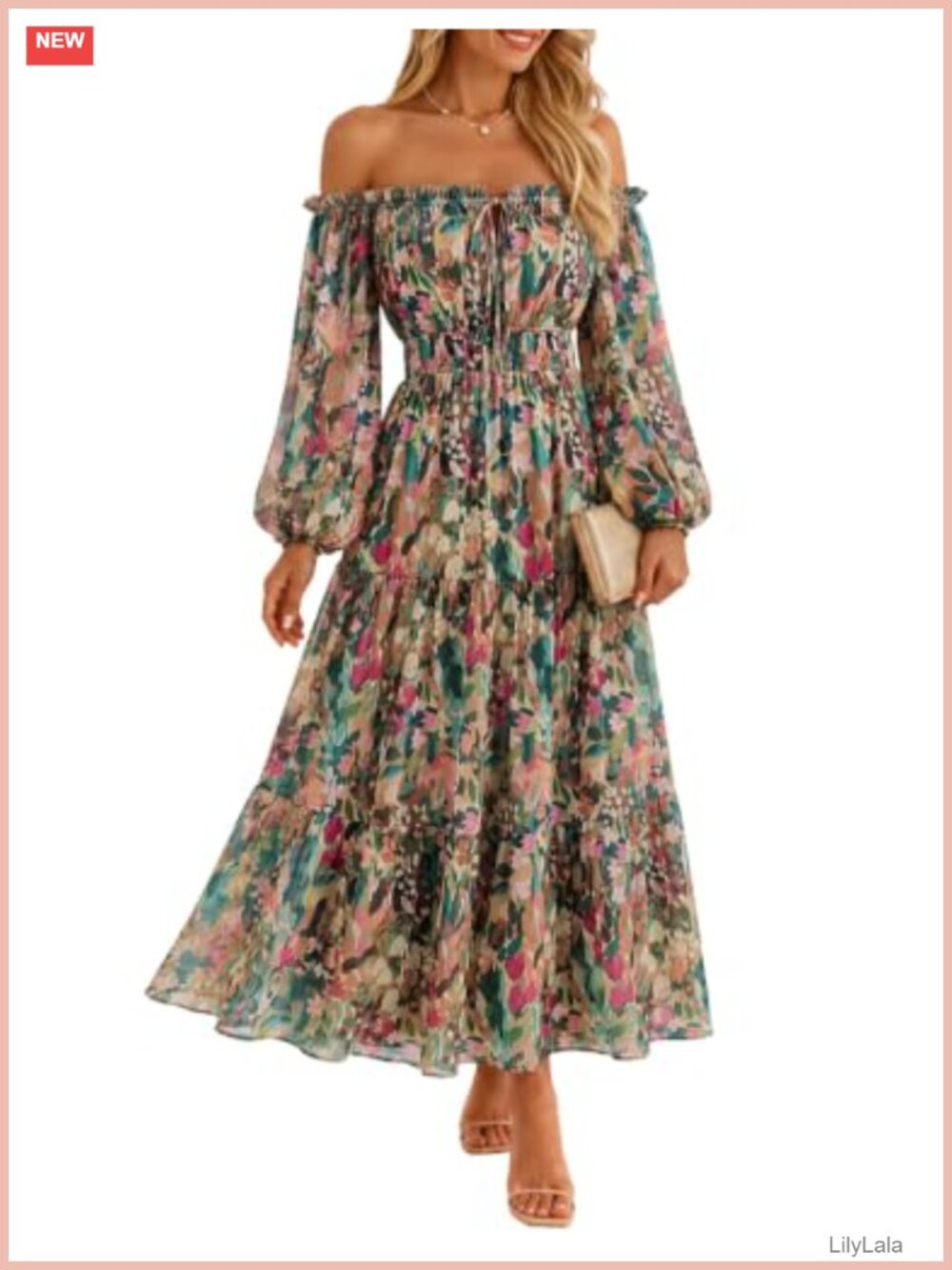 ZESICA Women's Long Sleeve Floral Maxi Dress Chiffon A-Line Off Shoulder